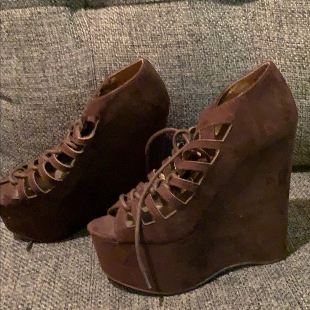Dark brown suede wedge heels